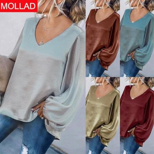 2021 New European and American Womens Clothing Long Sleeve Loose V-neck Solid Color Top T-shirt for Women