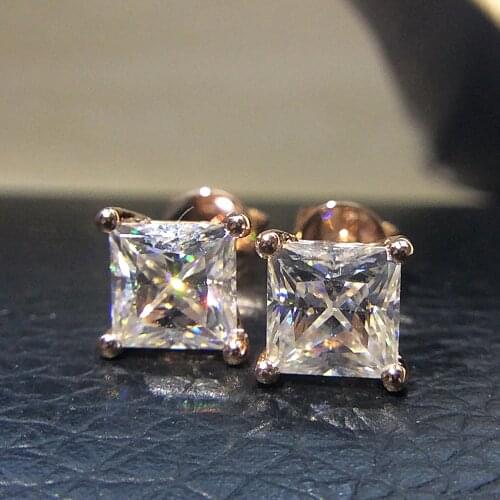 Genuine 14K Rose Gold Screw Back 2.0Carat ctw Test Positive Princess Cut Moissanite Diamond Earrings For Women