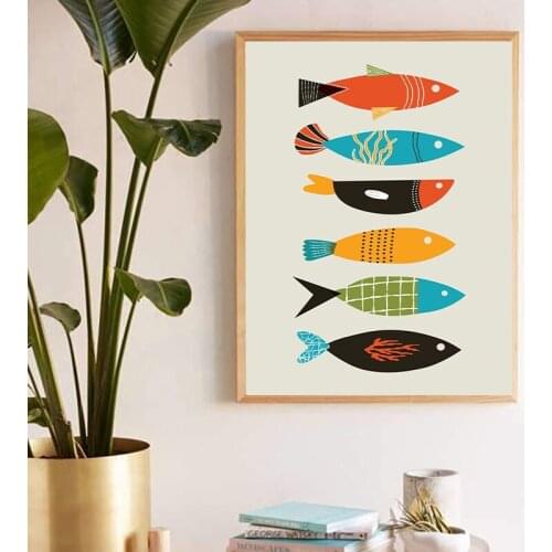 Mid Century Modern Abstract Canvas Prints Fish Poster Wall Art Decor, Mid Century Fish Art Painting Picture Home Room Wall Decor