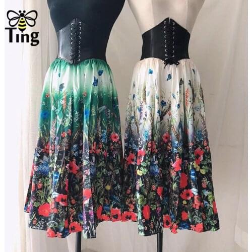 Tingfly Real Photo 2021 Summer Fashion Flower Print A Line Skirts with Belt Women Midi Street Casual Skirts Bottom Saia Boho