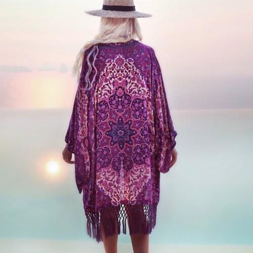 Swimsuit Coverups 2021 Summer Chiffon Purple Fringe Bathing suit Cover ups Tuniques Pour Plage women Beach Dress Cover up