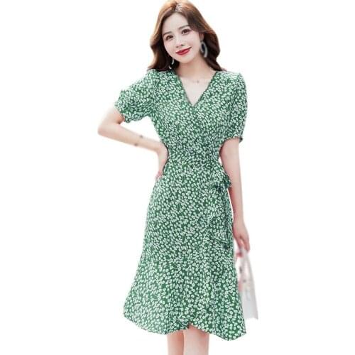 Summer Women Korean Style Dresses Cross Collar V-Neck Temperament High Waist Chiffon Floral Printed Small Fresh Dress