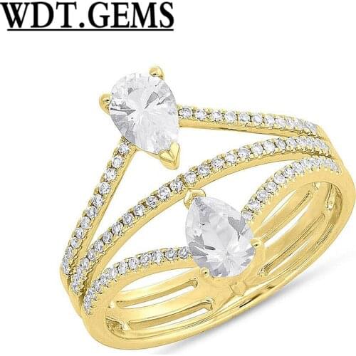 0.89 tcw 10K Yellow Gold Natural Pear Cut White Topaz With Diamond Open Wrap Ring