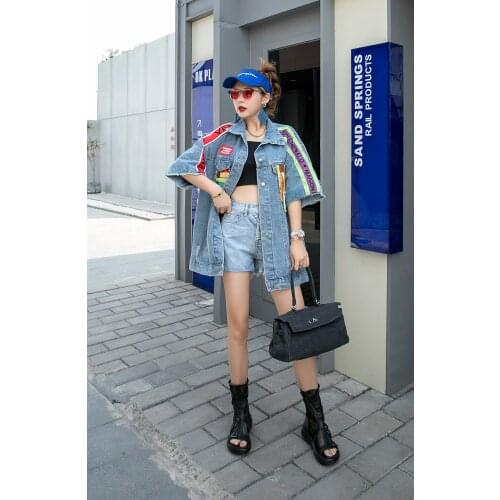 2021 Five-point Sleeve Denim Jacket Stitching Cloth Patch Diamonds Popular New Style Free Shipping