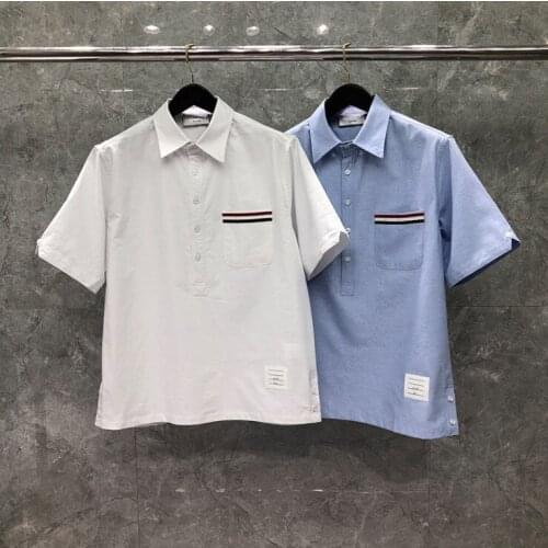 2021 Fashion TB THOM Brand Shirts Men Slim Pocket Striped Pullover Casual Shirt Turn Down Collar Oxford Solid Mens Clothing