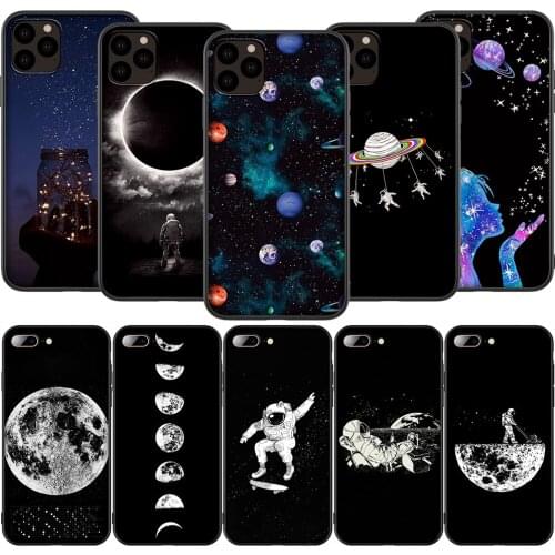 T126 Moon Stars Space Astronaut Silicone Soft Case for iPhone 12 Mini 11 Pro XS Max XR X 8 7 6 6S Plus 5 5S SE 2020