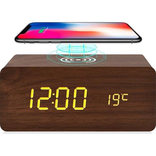 Digital Wooden LED Alarm Clock With Wireless Charging Table Digital Thermometer Wireless Charger With Qi Wireless Charging Pad