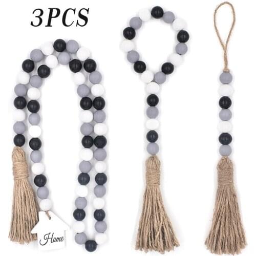 Ethnic Style Hemp Rope Tassel Wooden Bead Black White Gray Beaded Home Decoration Pendant Set Wholesale