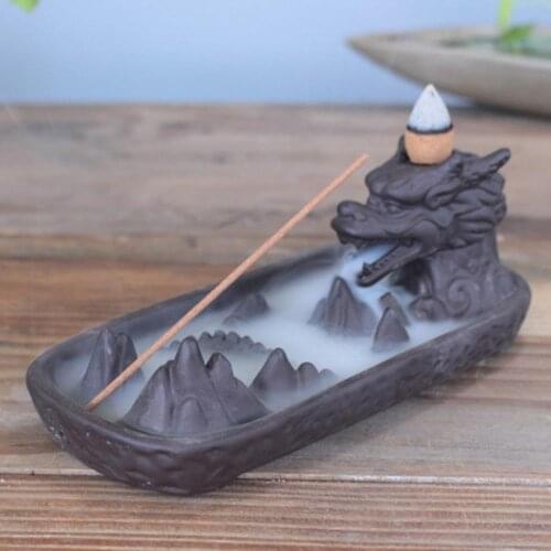 Ceramic Backflow Dragon Incense Burner Cones Stick Holder Censer Home Ornament