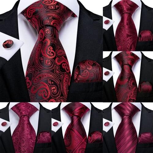DiBanGu Men Necktie Red Wine Paisley Silk Wedding Tie For Men New Design Tie Hanky Cufflink Set Business Party Dropshipping