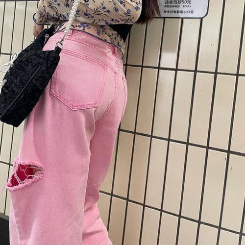 Large Size Pink Side Ripped Jeans for Women 2021 New High Waist Straight Slimming Wide-Leg Pants Fat Sister