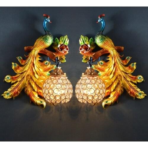 European retro Peacock Wall Lamp creative living room dining room corridor LED k9 light Crystal Mirror Light wall lamp LB01084