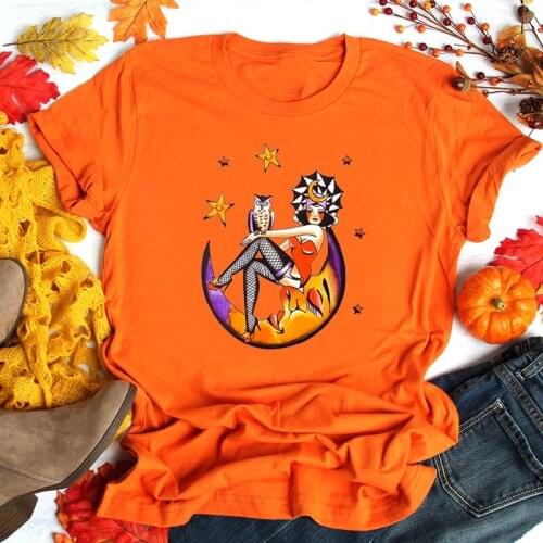 Orange Moon Girls Here Comes The Night T-shirt Women Cotton Short Sleeve Halloween Clothes Witchy Graphic Tee Wicca Tshirt Tops