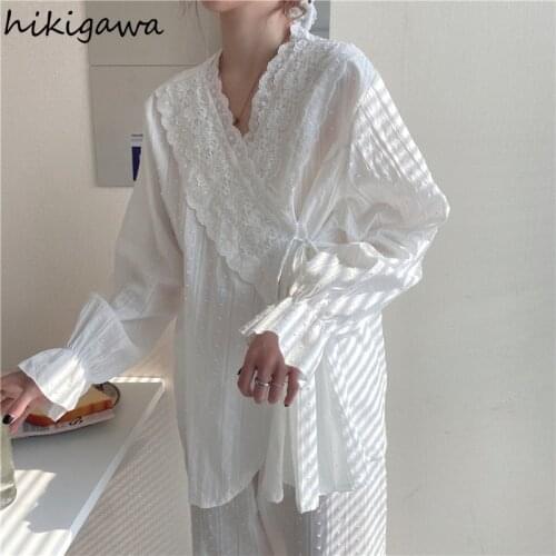 Hikigawa 2021 Home Service Set Sleepwear Lace Patchwork Pajama Set Women V-neck Lace Up Soft Pijamas De Mujer Suit Female 27a659