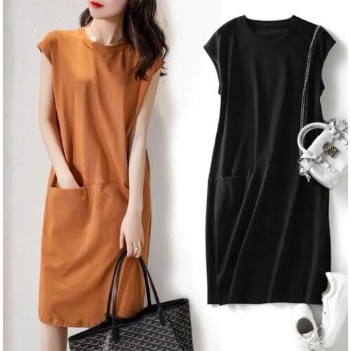 Pocket cotton dress female new style 2021 summer loose short-sleeved solid color T-shirt dress female Korean mid-length dress