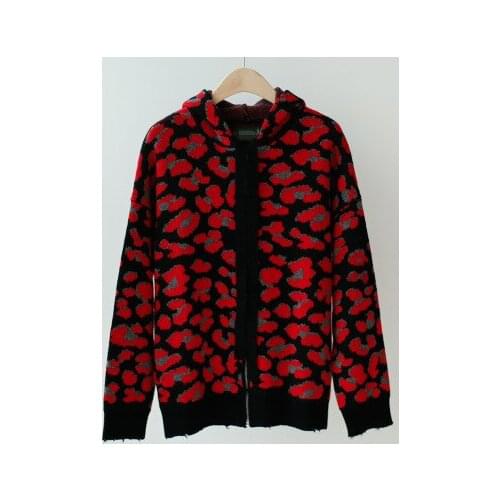 2020 AW cashmere knitted jacket red Leopard pattern zipper hooded drawstring frayed hole women