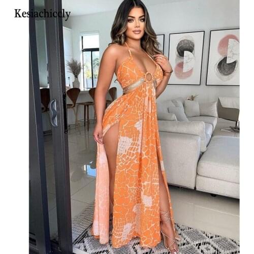 Kesiachiccly Split Floral Printed Dress Women Sexy High Waist Holiday Long Dress Female 2021 Summer Sweet Boho Lady Dresses