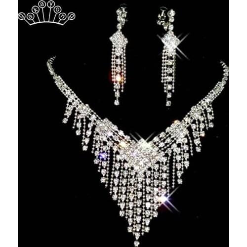 Fashion Tassel Bridal Jewelry Sets for Women Clear Rhinestone Necklace Earrings Sets Party Wedding Jewelry