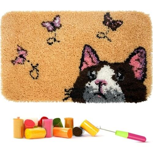 Latch Hook Kits Rug Making Kits DIY for Kids/Adults with Printed Canvas Pattern Cat and Butterfly