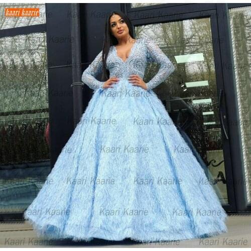Sky Blue V Neck Evening Gowns Lace Up 2021 Vestito Da Festa Di Nozze Long Sleeves Women Dresses Custom Made Robe De Soirée Femme
