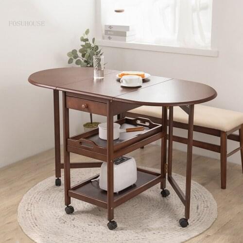 Solid Wood Small Apartment Dining Tables Folding Restaurant Cart Hotel Club Storage Shelf Coffee Shop Side Cabinet with Wheels