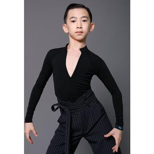 Ballroom Latin Dance Practice Clothes Boys Latin Dance Tops Black V-Neck Shirts Chacha Samba Tango Latin Dance Costumes DN7110