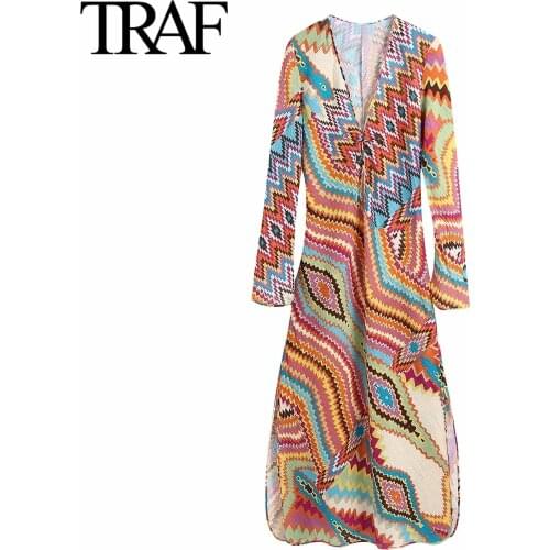 Traf Za Women Clothing Spring Autumn 2021 Long Sleeve Dresses Vintage Chic V-neck Print Midi Dress Boho Long Maxi Dress