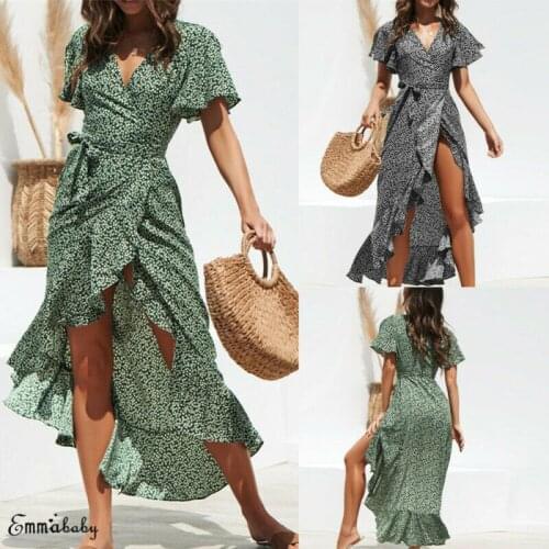 Beach Holiday Boho Casual Irregular Dress Women Short Sleeve Polka Dot V Neck Lace Up Ruffle Slim Fashion Wrap Maxi Dress