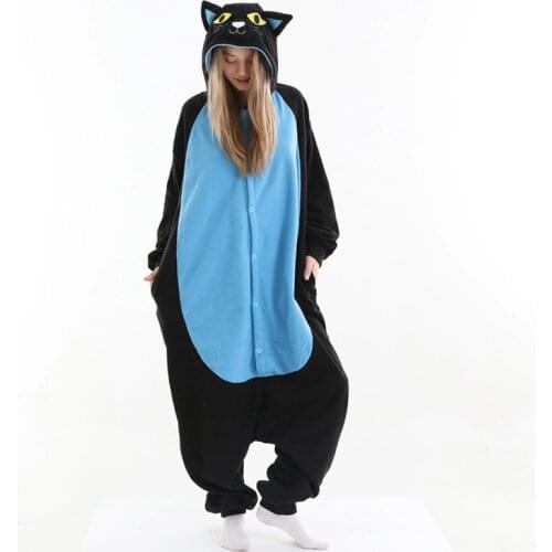 Women Animal Kigurumi Pajamas Midnight Cat Onesies For Adults Men Fleece One-Piece Jumpsuit Winter Sleepwear Cosplay Costume