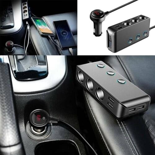 12-24V 120W 3-Socket Cigarette Lighter Socket Splitter QC3.0 + 3-Port USB Car Charger With On-Off Switch LED Display