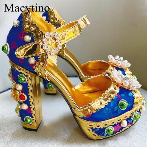 New style gemstone platform sandals super high heel pearl decoration luxury flower shoes ladies bridal wedding sandals