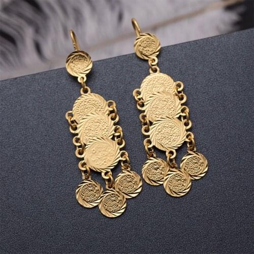 Dubai Gold Color Earrings Trendy Engraved Coin Drop Dangle Earrings for Women Arab Long Round Coin Pendant Earring Pendientes