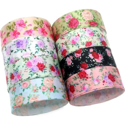 DHK 25mm 10yards Flowers Floral Rose Printed Single Faced Satin Silk Ribbon Accessory Hairbow Decoration DIY Wholesale OEM B2050