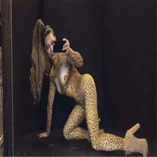 S48 Leopard print jumpsuit ballroom dance costumes singer bodysuit dj stage show wears performance dress party wears cosplay ou