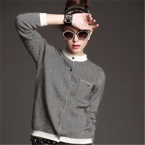 Pure cashmere Oneck knit women korean style striped loose single breasted cardigan sweater S-2XL retail wholesale