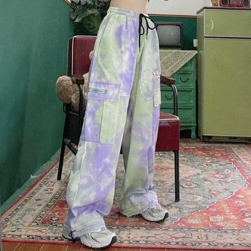 Street hip hop Retro Tie Dye loose size show thin big pocket dad pants overalls summer fashion men and women trousers