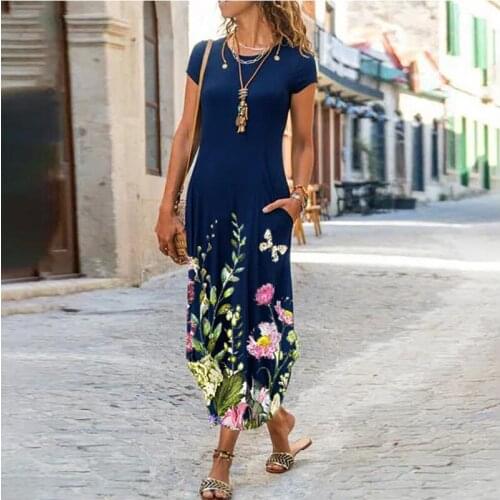 Vintage Floral Print Summer Dress Women Bohemian Casual Short Sleeve High Waist Long Dresses For Women Beach Dress Party Dress