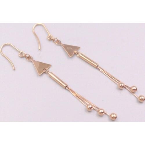 Pure 18K Rose Gold Dangle Women Lucky Gift Triangle Beads Stick Chain Tassel Earrings / 2.6-2.8g