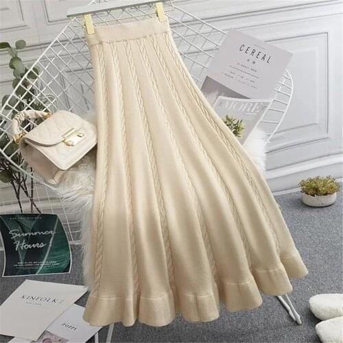 Women Knitted Ribbed Pleated Midi Skirts Solid Warm A-Line Skirt Female 2021 Winter Autumn Trendy Elegant Ladies Bottoms Girls