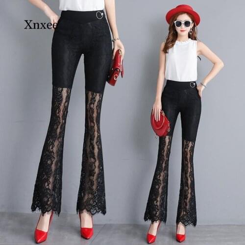 Womens Pants New Summer Black High Waist Slim Skinny Lace Flare Pants Full Length Casual Pants