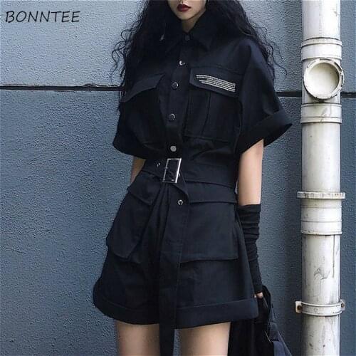 Rompers Women High Street Chic Belt Harajuku Hip Hop Black Girls Clothing Korean Letter Pocket Summer Fashion Womens Playsuits