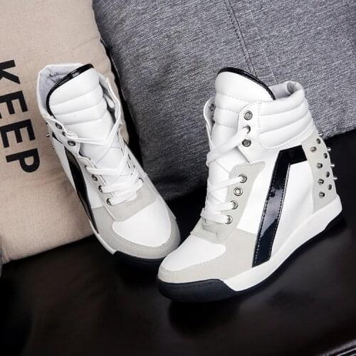 Hot Sales Rivets Black White Hidden Wedge Heels Casual Shoes tenis feminino High Top Shoes Trainers Women Zapatos Mujer 2393