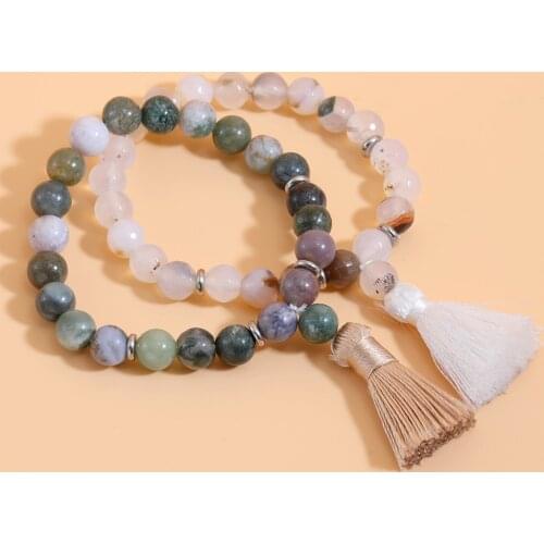 OAIITE Charm Mala Natural Stone Bracelet with Tassel Turkoois Bangles Women Yoga Prayer 8mm India Onyx Beads Bracelets