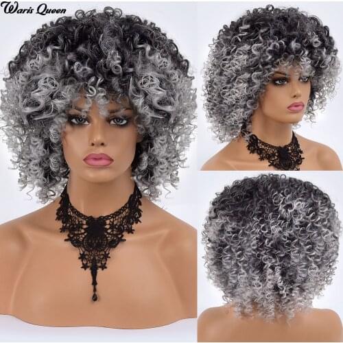 Womens Black Gray Wig Ombre Afro Kinky Curly Wig Synthetic Short Wigs For Black Women Heat Resistant With Bangs Fiber Wigs