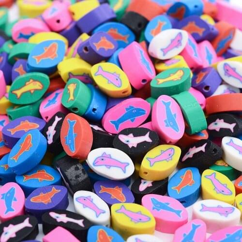 30/50/100Pcs Clay Loose Spacer Beads Oval Mixcolor Fish Printing Polymer Clay Beads for Jewelry Making DIY Necklace Bracelet