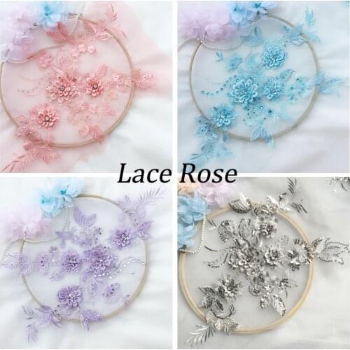 3D Flowers Beaded Embroidery Lace Patches Applique Diy Sew On Patches Wedding Costume Dress Decor Floral Patch Accessories