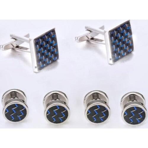 5sets/lot Copper Carbon Fiber Tuxedo Cuff Links Collar Studs Set 6pcs Cufflinks Buttons Set Silver Mens Jewelry Wholesale