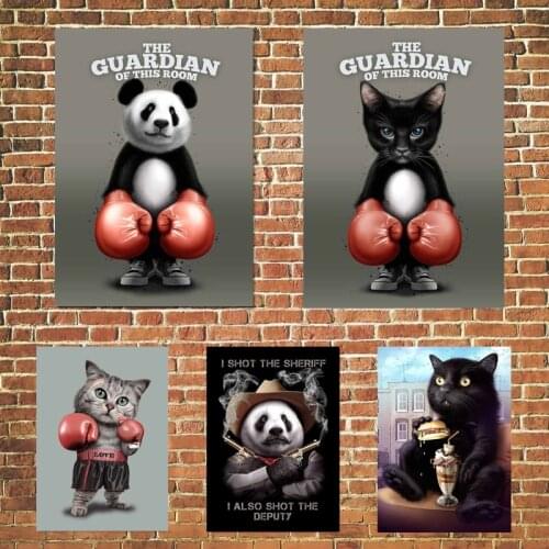 Boxing Animal Wall Art Rock Panda and Cat Canvas Painting Modern Popular Creative Poster Interior Home Decoration Mural No Frame