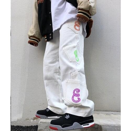 HOUZHOU Retro Pocket Letter Print Straight Cargo Pants Men and Women Oversize Jeans Trousers Harajuku Streetwear Denim Pants