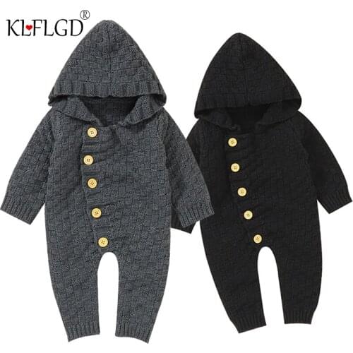 Baby knitted Khartoum climbing suit new autumn and winter knitted button hooded knitted Jumpsuit for baby newborn